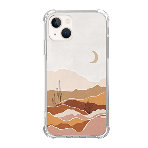 Boho Minimalistische Mond Kaktus und Wüste Hülle kompatibel mit iPhone 13, Pastellbeige Braun ästhetische Landschaft Kunst Hülle für iPhone 13 für Teenager Männer Frauen Trendy Cool TPU Bumper Case von Sundwugzh