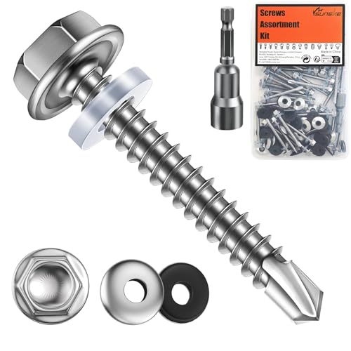 (60 Stück) #12 x 1-1/4 Zoll (5,5 mm x 32 mm) Suneke 410 Edelstahl selbstbohrende TEK-Schrauben, Sechskant-Unterlegscheibenkopf mit wasserdichten EPDM-Unterlegscheiben, externer Sechskantantrieb von Suneke