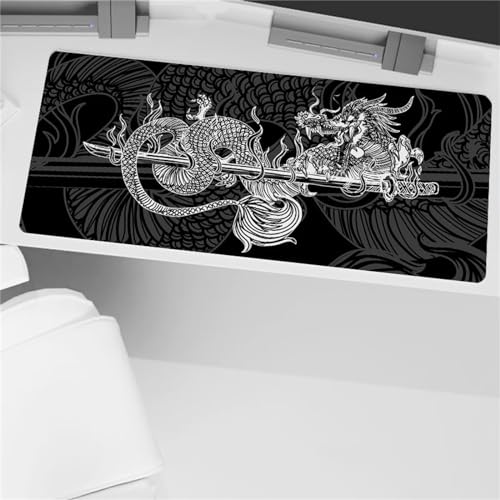 Suneve Schwarz-weißer Drache Mousepad XXL, Mauspad 800x400mm Gaming Mauspad mit Genähten Kanten, rutschfeste Gummimatte, wasserdichte Mausmatte für Zuhause, Büro, Gaming von Suneve