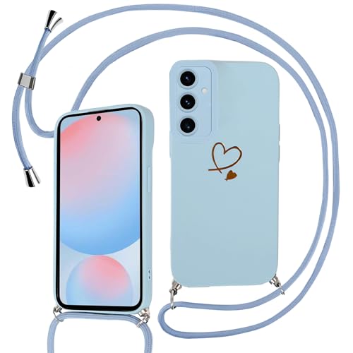 Sunily Handyhülle für Samsung Galaxy S24 FE Hülle mit Band, Handykette für Samsung S24 FE Hülle Herz Muster für Mädchen Ultra Dünn TPU Silikon Stoßfes Schutzhülle mit Kordel zum Umhängen, Blau von Sunily