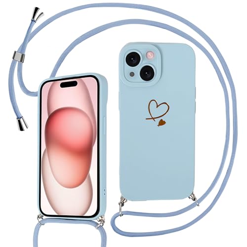 Sunily Handyhülle für iPhone 15 Hülle mit Band, Handykette für iPhone 15 Hülle Herz Muster für Mädchen Ultra Dünn TPU Silikon Stoßfes Schutzhülle mit Kordel zum Umhängen, Blau von Sunily