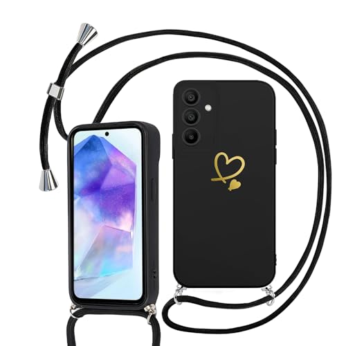 Sunily Handykette für Samsung Galaxy A55 5G Hülle mit Band, Handyhülle für Samsung A55 5G Hülle Herz Muster für Mädchen Ultra Dünn TPU Silikon Stoßfes Schutzhülle mit Kordel zum Umhängen, Schwarz Sunily Handykette für Samsung Galaxy A55 5G Hülle mit Band, Handyhülle für Samsung A55 5G Hülle Herz Muster für Mädchen Ultra Dünn TPU Silikon Stoßfes Schutzhülle mit Kordel zum Umhängen, Schwarz von Sunily