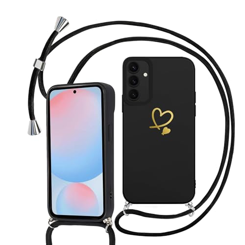 Sunily Handykette für Samsung Galaxy S24 FE Hülle mit Band, Handyhülle für Samsung S24 FE Hülle Herz Muster für Mädchen Ultra Dünn TPU Silikon Stoßfes Schutzhülle mit Kordel zum Umhängen, Schwarz von Sunily