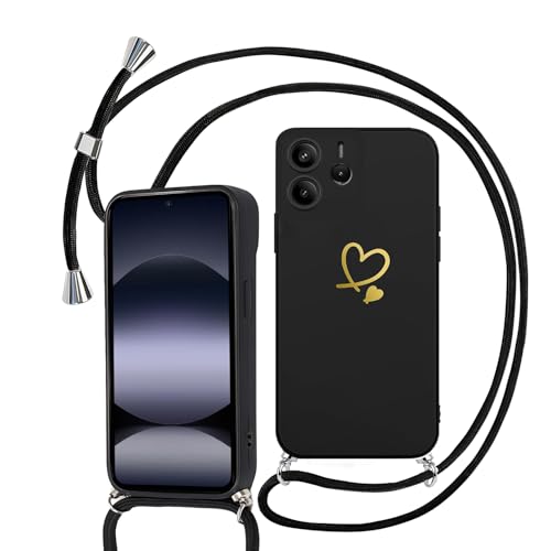 Sunily Handykette für Xiaomi Redmi Note 14 5G Hülle mit Band (Nicht für 4G), Handyhülle für Redmi Note 14 Hülle Herz Muster für Mädchen TPU Silikon Stoßfes Schutzhülle mit Kordel zum Umhängen, Schwarz von Sunily