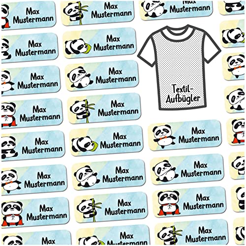 37 TEXTIL Aufbüger Sunnywall® Namensschilder für Kleidung zum Aufbügeln. Waschmaschinenfeste Bügeletiketten mit Namen für Kinder, Schule und Kindergarten. Namensaufbügler (3,8x1,4 cm) Panda von Sunnywall