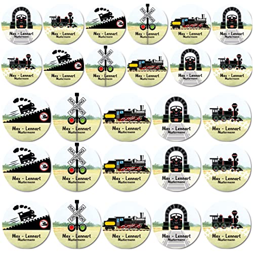 44 Stück personalisierte runde Namensaufkleber für Schulsache. Für Kinder Schule und Kindergarten zum Markieren von Gegenständen (Maße ∅33-50) Eisenbahn von Sunnywall