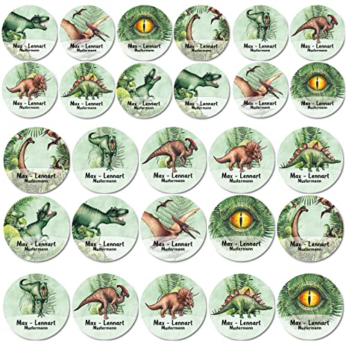 44 Stück personalisierte runde Namensaufkleber für Schulsache. Für Kinder Schule und Kindergarten zum Markieren von Gegenständen (Maße ∅33-50) T-Rex Dinosaurier von Sunnywall