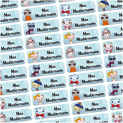 60 Stück personalisierte Namensaufkleber für Schulsache. Für Kinder Schule und Kindergarten zum Markieren von Gegenständen (Katzen) Maße 4,8x1,6cm von Sunnywall