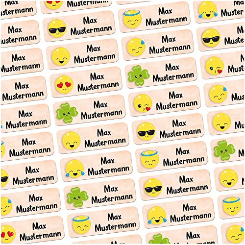 60 Stück personalisierte Namensaufkleber für Schulsache. Für Kinder Schule und Kindergarten zum Markieren von Gegenständen (Smilies) Maße 4,8x1,6cm von Sunnywall