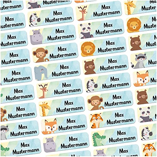 60 Stück personalisierte Namensaufkleber für Schulsache. Für Kinder Schule und Kindergarten zum Markieren von Gegenständen (Wildtiere) Maße 4,8x1,6cm von Sunnywall
