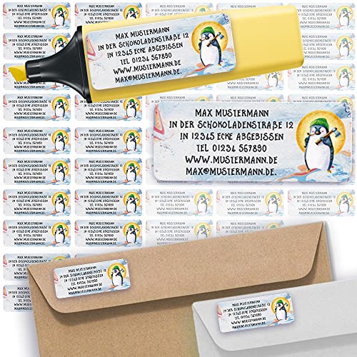 Adress-Etiketten - Adress-Aufkleber Sticker Namensaufkleber mit Ihrem Wunschtext 57x 23mm, für 1 bis 5 Zeilen Text - 45 Stück – 45 Hintergründe zur Auswahl (04 Pinguin Penguin) von Sunnywall
