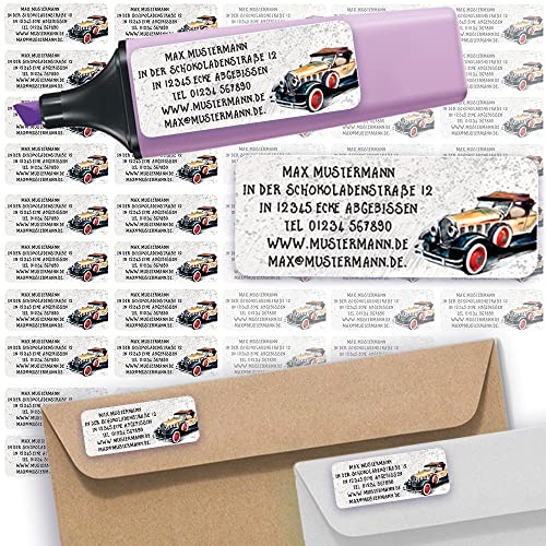 Adress-Etiketten - Adress-Aufkleber Sticker Namensaufkleber mit Ihrem Wunschtext 57x 23mm, für 1 bis 5 Zeilen Text - 45 Stück – 45 Hintergründe zur Auswahl (45 Oldtimer Auto) von Sunnywall