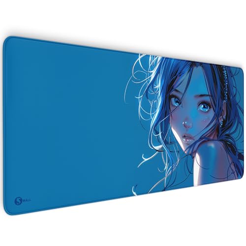 Gaming Mauspad XXL - 4 mm Dicke, Ultra-Glatte Oberfläche, Mousepad mit vernähten Rändern, rutschfest, modern, langlebiges Gaming Setup inkl. Desktop Wallpaper (Blue Girl, 900 x 400 x 4 mm) von Sunnywall