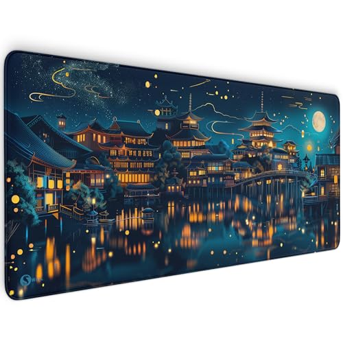 Gaming Mauspad XXL - 4 mm Dicke, Ultra-Glatte Oberfläche, Mousepad mit vernähten Rändern, rutschfest, modern, langlebiges Gaming Setup inkl. Desktop Wallpaper (Chinese Temple, 900 x 400 x 4 mm) von Sunnywall
