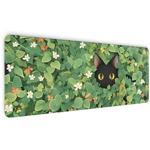 Gaming Mauspad XXL - 4 mm Dicke, Ultra-Glatte Oberfläche, Mousepad mit vernähten Rändern, rutschfest, modern, langlebiges Gaming Setup inkl. Desktop Wallpaper (Cute Black Cat, 800 x 300 x 4 mm) von Sunnywall
