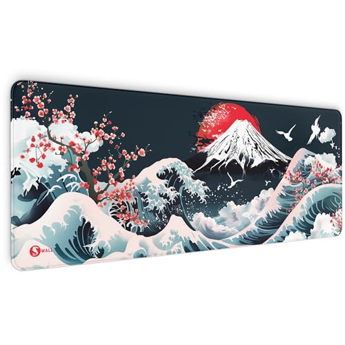 Gaming Mauspad XXL - 4 mm Dicke, Ultra-Glatte Oberfläche, Mousepad mit vernähten Rändern, rutschfest, modern, langlebiges Gaming Setup inkl. Desktop Wallpaper (Fujiyama Sakura, 800 x 300 x 4 mm) von Sunnywall