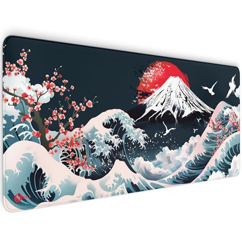 Gaming Mauspad XXL - 4 mm Dicke, Ultra-Glatte Oberfläche, Mousepad mit vernähten Rändern, rutschfest, modern, langlebiges Gaming Setup inkl. Desktop Wallpaper (Fujiyama Sakura, 900 x 400 x 4 mm) von Sunnywall