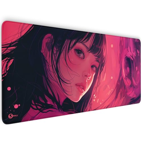 Gaming Mauspad XXL - 4 mm Dicke, Ultra-Glatte Oberfläche, Mousepad mit vernähten Rändern, rutschfest, modern, langlebiges Gaming Setup inkl. Desktop Wallpaper (Girl in Pink, 900 x 400 x 4 mm) von Sunnywall