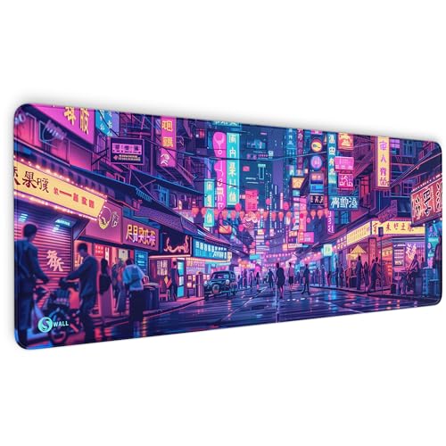 Gaming Mauspad XXL - 4 mm Dicke, Ultra-Glatte Oberfläche, Mousepad mit vernähten Rändern, rutschfest, modern, langlebiges Gaming Setup inkl. Desktop Wallpaper (Neon Tokio, 800 x 300 x 4 mm) von Sunnywall