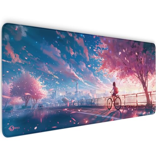 Gaming Mauspad XXL - 4 mm Dicke, Ultra-Glatte Oberfläche, Mousepad mit vernähten Rändern, rutschfest, modern, langlebiges Gaming Setup inkl. Desktop Wallpaper (Sakura City, 900 x 400 x 4 mm) von Sunnywall