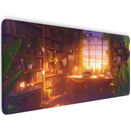 Gaming Mauspad XXL - 4 mm Dicke, Ultra-Glatte Oberfläche, Mousepad mit vernähten Rändern, rutschfest, modern, langlebiges Gaming Setup inkl. Desktop Wallpaper (Studyroom Lofi, 900 x 400 x 4 mm) von Sunnywall