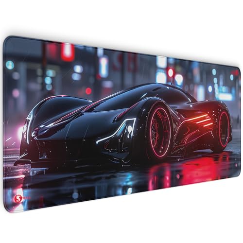 Gaming Mauspad XXL - 4 mm Premium-Dicke, Ultra-Glatte Oberfläche, Mousepad mit vernähten Rändern, rutschfest - stylisch & langlebig für Dein Gaming Setup (Black Red Car, 900 x 400 x 4 mm) von Sunnywall