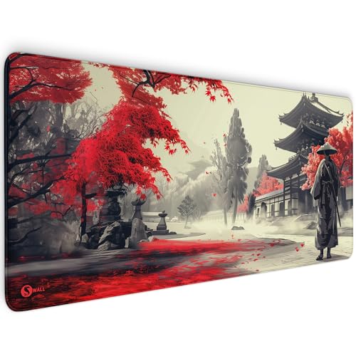 Gaming Mauspad XXL - 4 mm Premium-Dicke, Ultra-Glatte Oberfläche, Mousepad mit vernähten Rändern, rutschfest - stylisch & langlebig für Dein Gaming Setup (Samurai Ronan Red, 900 x 400 x 4 mm) von Sunnywall