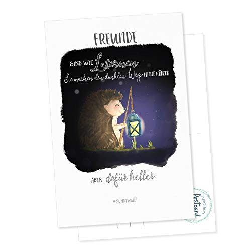 Postkarte Igel - Freunde sind wie Laternen - der Weg wird heller Freundeskarte von Sunnywall