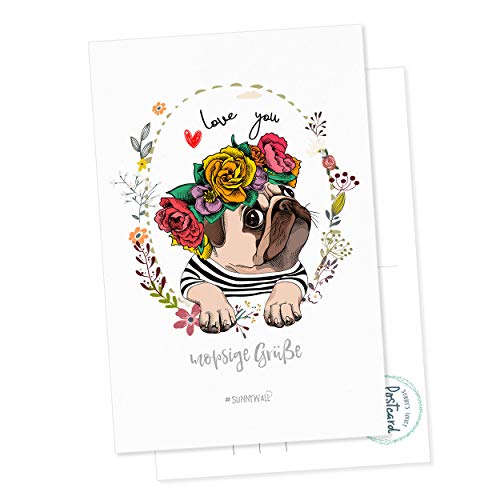 Postkarte - mopsige Grüße Mops pug von Sunnywall