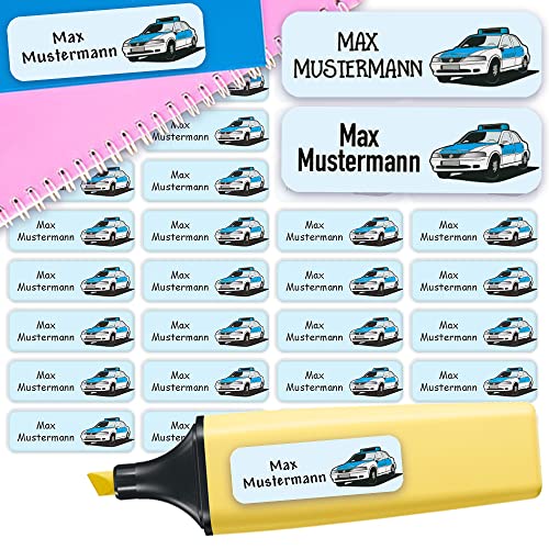 Sunnywall® Namensaufkleber Kinder Schule Polizei Aufkleber Namensetiketten | 60 Stück Klebeetiketten zum Beschriften 4,8x1,6cm Kita Schulanfang | wasserfest von Sunnywall