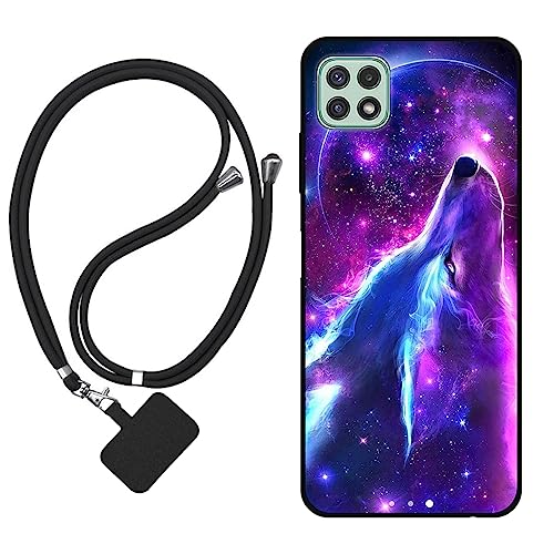Sunrive Hülle Kompatibel mit Samsung Galaxy A22 5G Case,matt Handyhülle Schutzhülle Etui Karikatur Muster TPU Backcover (Wolf,Mond,Sterne) +1x Universale Handykette von Sunrive