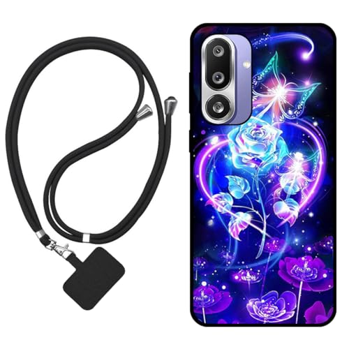 Sunrive Hülle Kompatibel mit Samsung Galaxy F56 5G Case,matt Handyhülle Schutzhülle Etui TPU Rückseite (Rosen,Schmetterling,Blume) +1x Universale Handykette MEHRWEG von Sunrive