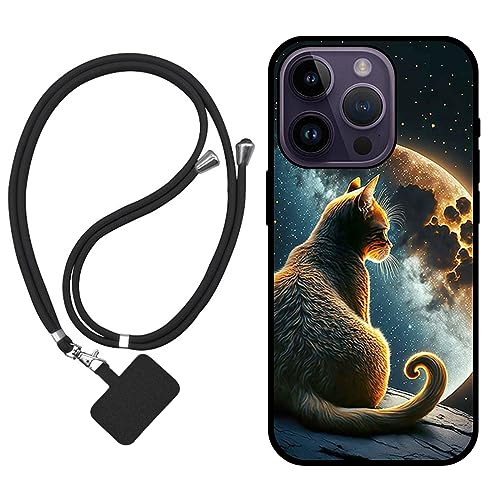 Sunrive Hülle Kompatibel mit iPhone 14 Pro Case,matt Handyhülle Schutzhülle Etui Karikatur Muster TPU Backcover (Mond,Sterne,Katze) +1x Universale Handykette MEHRWEG von Sunrive