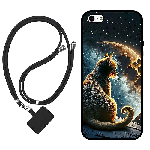 Sunrive Hülle Kompatibel mit iPhone 5/5S/SE(2016) Case,matt Handyhülle Schutzhülle Etui TPU Backcover (Mond,Sterne,Katze) +1x Universale Handykette MEHRWEG von Sunrive