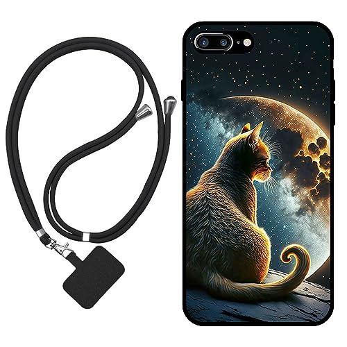 Sunrive Hülle Kompatibel mit iPhone 7 Plus/8 Plus Case,matt Handyhülle Schutzhülle Etui Karikatur Muster TPU Backcover (Mond,Sterne,Katze) +1x Universale Handykette MEHRWEG von Sunrive