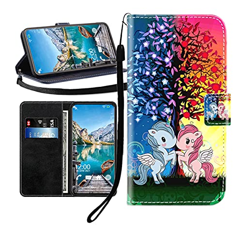 Sunrive Kompatibel mit TCL 503 Hülle,Magnetisch Schaltfläche Ledertasche Schutzhülle Etui Leder Case Handyhülle Tasche Schalen Lederhülle MEHRWEG(Blau rot Einhorn B1) von Sunrive