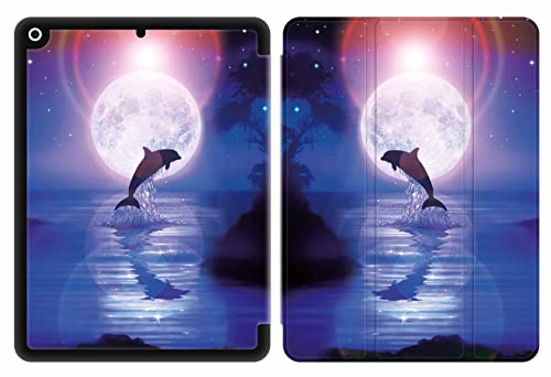 Sunrive Tablet hülle kompatibel mit iPad 9 8 7 (10,2",Model 2021 2020 2019, 9.8.7.Generation) Cover Case,PU Leder Schutzhülle Trifold Ständer Schutzhülle mit Stifthalter-Mond,Delphine,Meer, von Sunrive