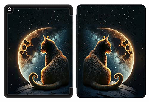 Sunrive Tablet hülle kompatibel mit iPad 9 8 7 (10,2",Model 2021 2020 2019, 9.8.7.Generation) Cover Case,PU Leder Schutzhülle Trifold Ständer Schutzhülle mit Stifthalter-Mond,Sterne,Katze, von Sunrive