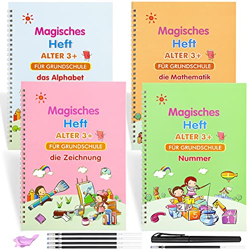 Magisches Heft Deutsch,4 Stück 26 x 18.5 cm Wiederverwendbares Magisches Übungsheft für Kinder,Deutsche Magische Kalligraphie,mit 5 Nachfüllungen + 1 Stifthalter,Alphabet,Mathematik,Zeichnung,Nummer von Sunshine smile