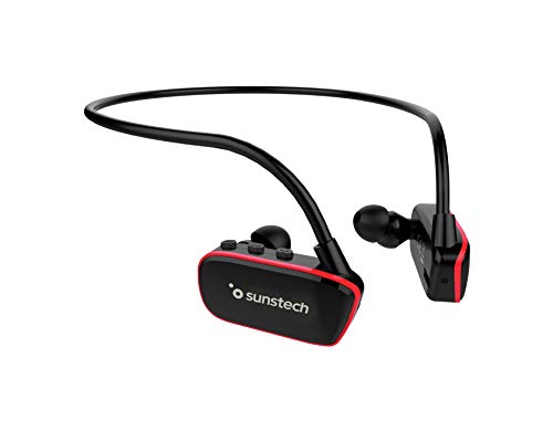 Sunstech Argos – 8 GB MP3-Player, tauchfähig, wasserdicht, IPX8, entwickelt für Sport und Schwimmen, wiederaufladbarer 200-mAh-Akku, Land- und Wasserpads enthalten, schwarz/rot von Sunstech