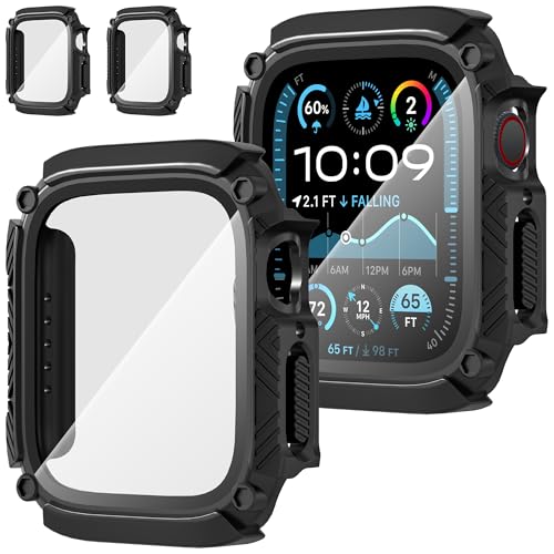 Suoman 2 Stück Schutzhülle für Apple Watch Series 6/5/4/SE 44mm Wasserdicht Hülle PC Ultradünne HD Hartglas Glas Displayschutz Case,Schwarz&Schwarz,44mm von Suoman