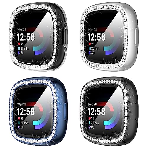 Suoman Displayschutzfolie für Fitbit Sense 2/Versa 4, TPU, galvanisiert, vollständige Schutzhülle für Fitbit Sense 2/Versa 4 Smartwatch [Glitzer-Diamanten] (schwarz, silber, blau, transparent) von Suoman