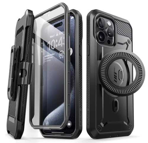 SUPCASE Unicorn Beetle Pro Mag Hülle für iPhone 15 Pro Max 6,7 Zoll, kompatibel mit MagSafe, robuste Vollabdeckung mit integriertem Displayschutz, Ständer und Gürtelclip (Schwarz) von SUPCASE
