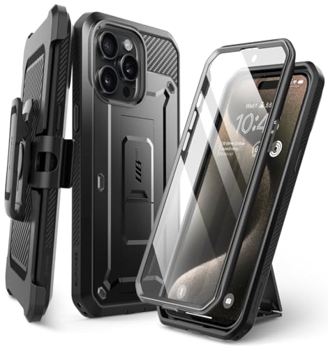 Supcase Schutzhülle für iPhone 15 Pro, mit Displayschutz, Ringhalterung, stoßfest, Schwarz von SUPCASE