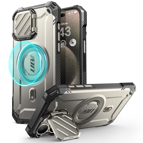 SUPCASE iPhone 15 Pro Max Hülle mit Ständer [kompatibel mit MagSafe] [Integrierte Kameraschutz] [Militärqualität Schutz] Robuste magnetische Hülle für iPhone 15 Pro Max, Grau von SupCase