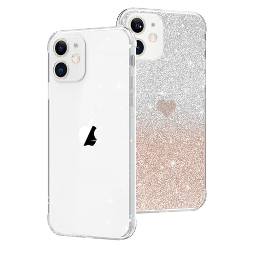 SupVict iPhone 12 Hülle Glitzer Case mit Herz, 2-in-1 Hanyhülle iPhone 12 Transparent Glitzer Ultra Dünn, Kratzfeste Rundumschutz Case Stoßfest Slim Soft TPU Schutz Hülle iPhone 12 6.1’’ Glitzer Gold von SupVict