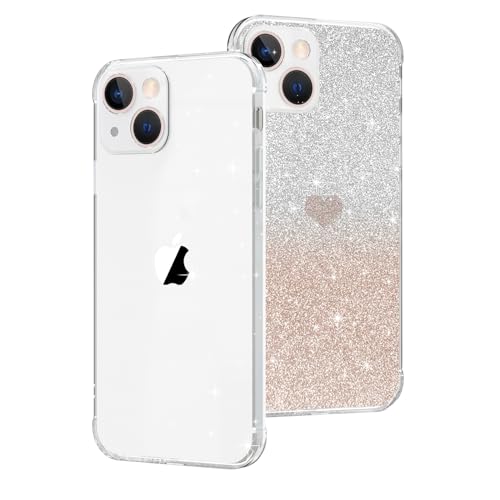 SupVict iPhone 13 Hülle Glitzer Case mit Herz, 2-in-1 Hanyhülle iPhone 13 Transparent Glitzer Ultra Dünn, Kratzfeste Rundumschutz Case Stoßfest Slim Soft TPU Schutz Hülle iPhone 13 6.1'' Glitzer Gold von SupVict