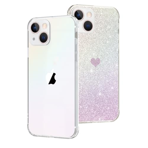 SupVict iPhone 13 Hülle Glitzer mit Herz, Hanyhülle iPhone 13 Transparent Fluoreszierend Schillernd Ultra Dünn, Kratzfeste Rundumschutz Stoßfest Slim Schutz Soft TPU Hülle für iPhone 13 Glitzer Rosa von SupVict