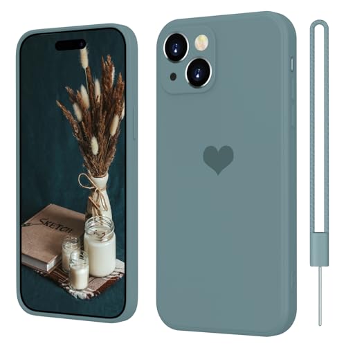 iPhone 15 Hülle Silikon Case mit Herz, SupVict Hanyhülle iPhone 15 Ultra Dünn mit Microfiber, Kratzfeste Rundumschutz Case Stoßfest Slim Schutz Hülle für iPhone 15 6.1'' Kühl Grau von SupVict