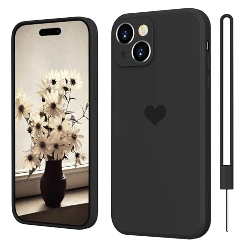 iPhone 15 Hülle Silikon Case mit Herz, SupVict Hanyhülle iPhone 15 Ultra Dünn mit Microfiber, Kratzfeste Rundumschutz Case Stoßfest Slim Schutz Hülle für iPhone 15 6.1'' Schwarz von SupVict